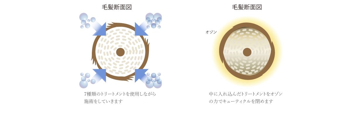 毛髪断面図 トリートメントを入れた状態とオゾンでキューティクルを引き締めた状態の比較